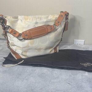 Vintage 2008 Coach Carly Optic Signature Hobo Bag - Cream & Tan + Dust Bag